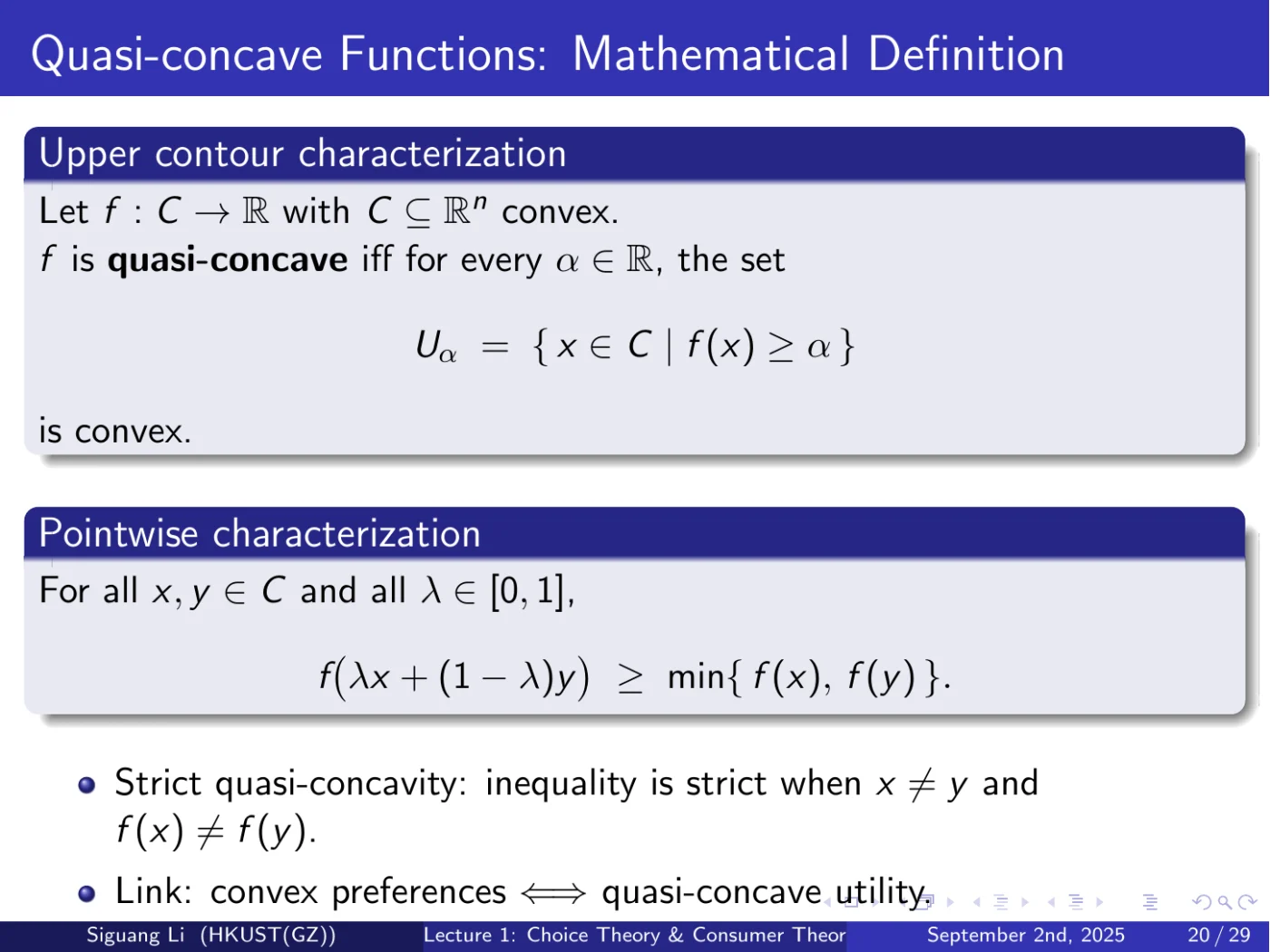 课件第 20 页：Quasi-concave Functions: Mathematical Definition