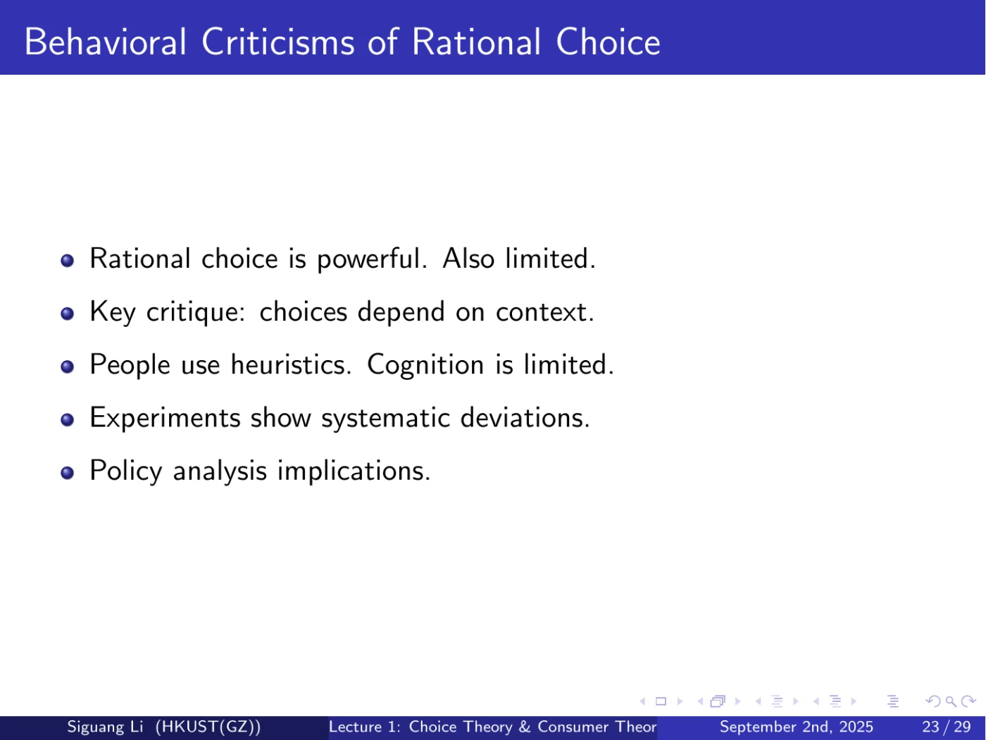 课件第 23 页：Behavioral Criticisms of Rational Choice