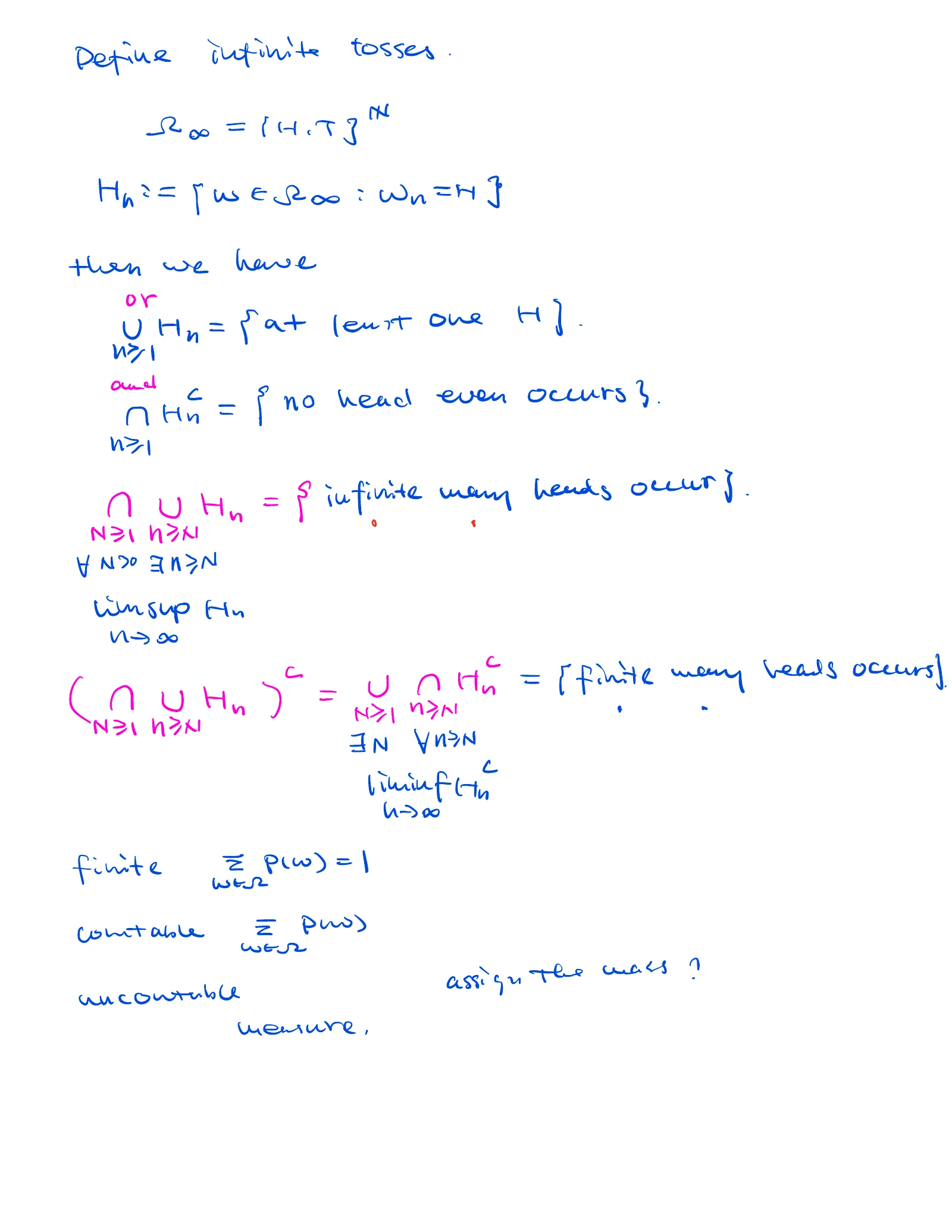 课件第 7 页：Handwritten page: infinite coin tosses, limsup and liminf