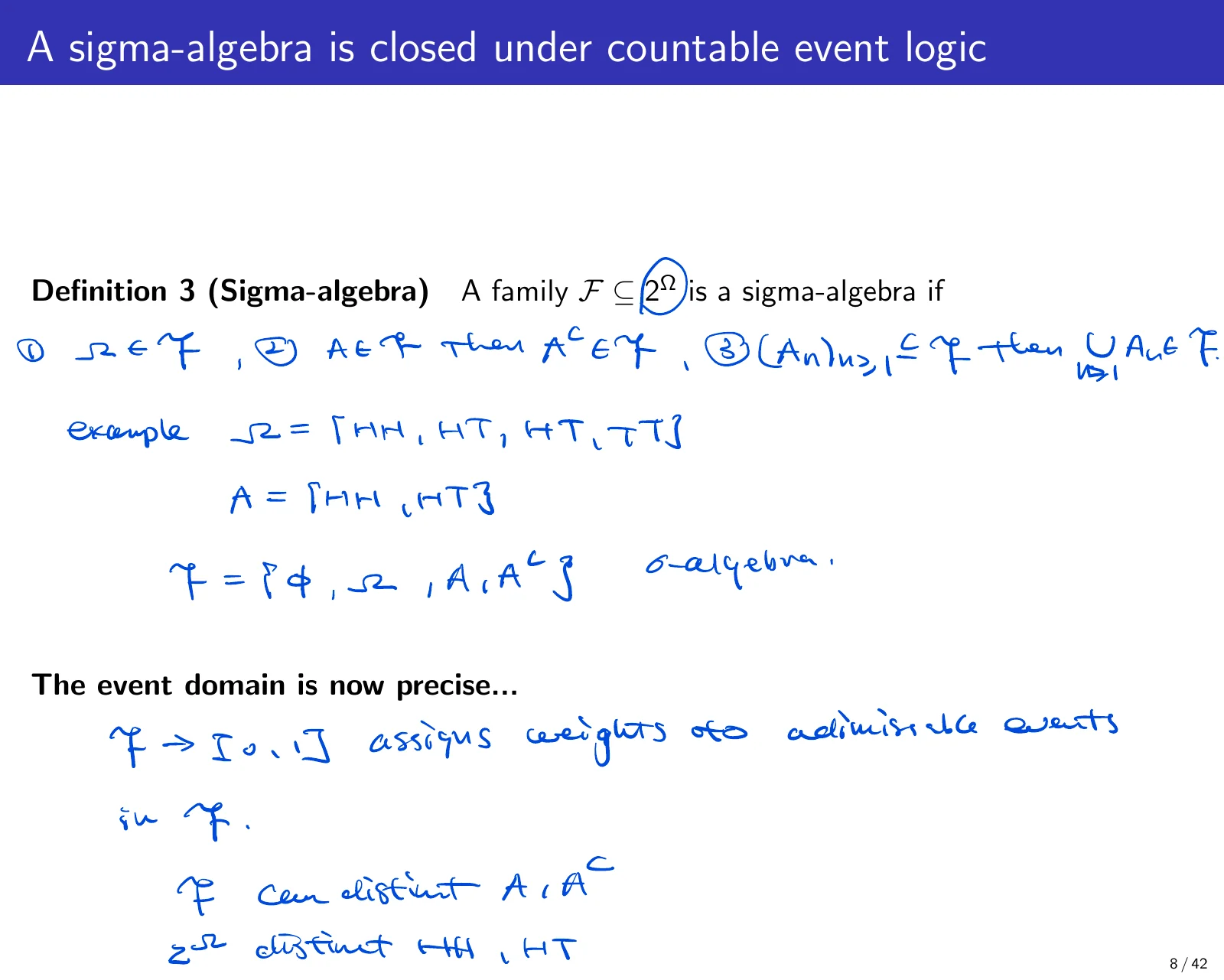 课件第 9 页：A sigma-algebra is closed under countable event logic