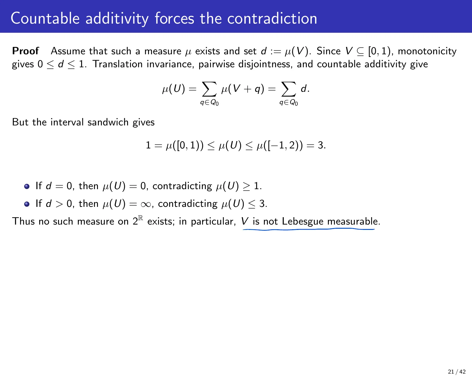 课件第 22 页：Countable additivity forces the contradiction