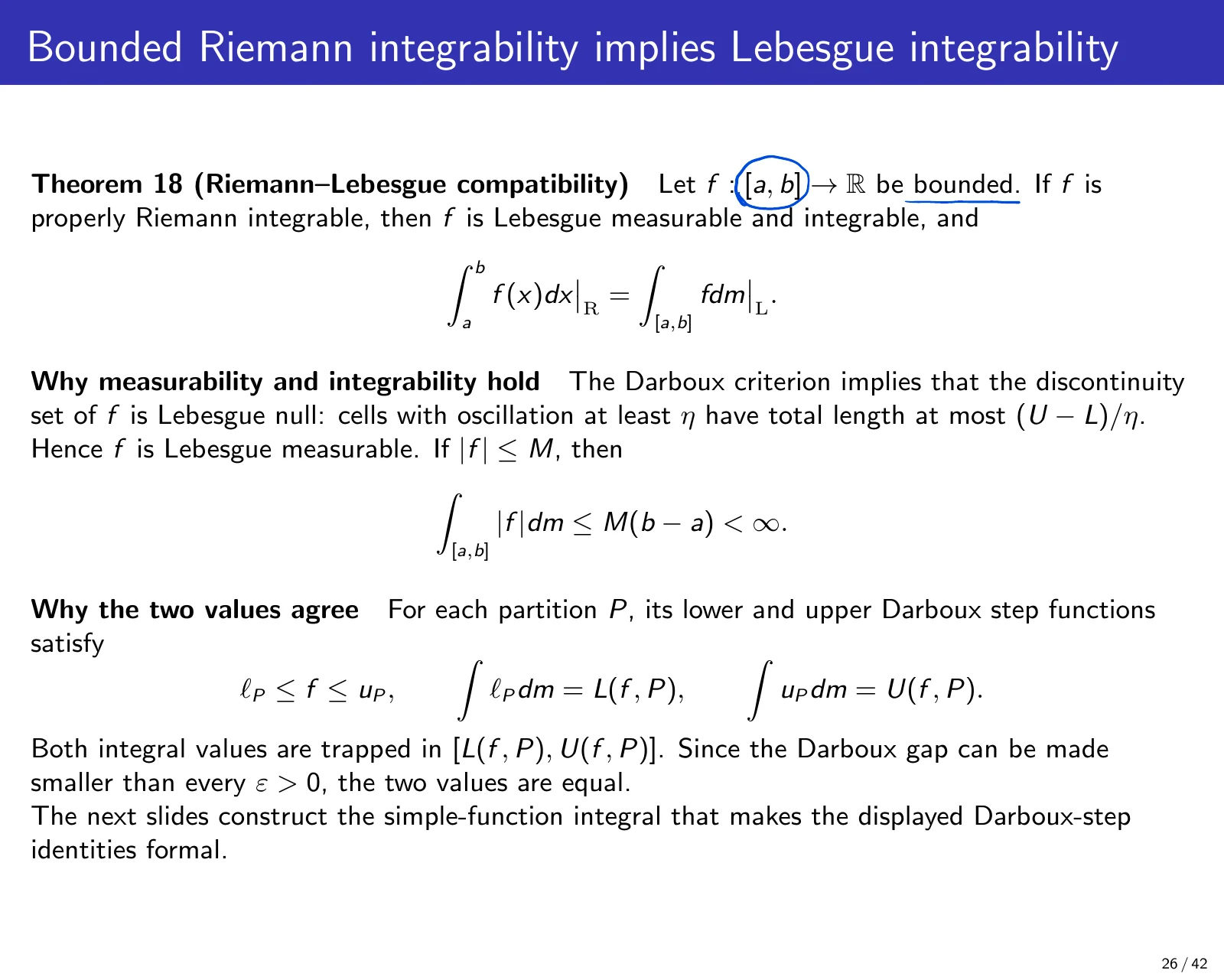课件第 27 页：Bounded Riemann integrability implies Lebesgue integrability