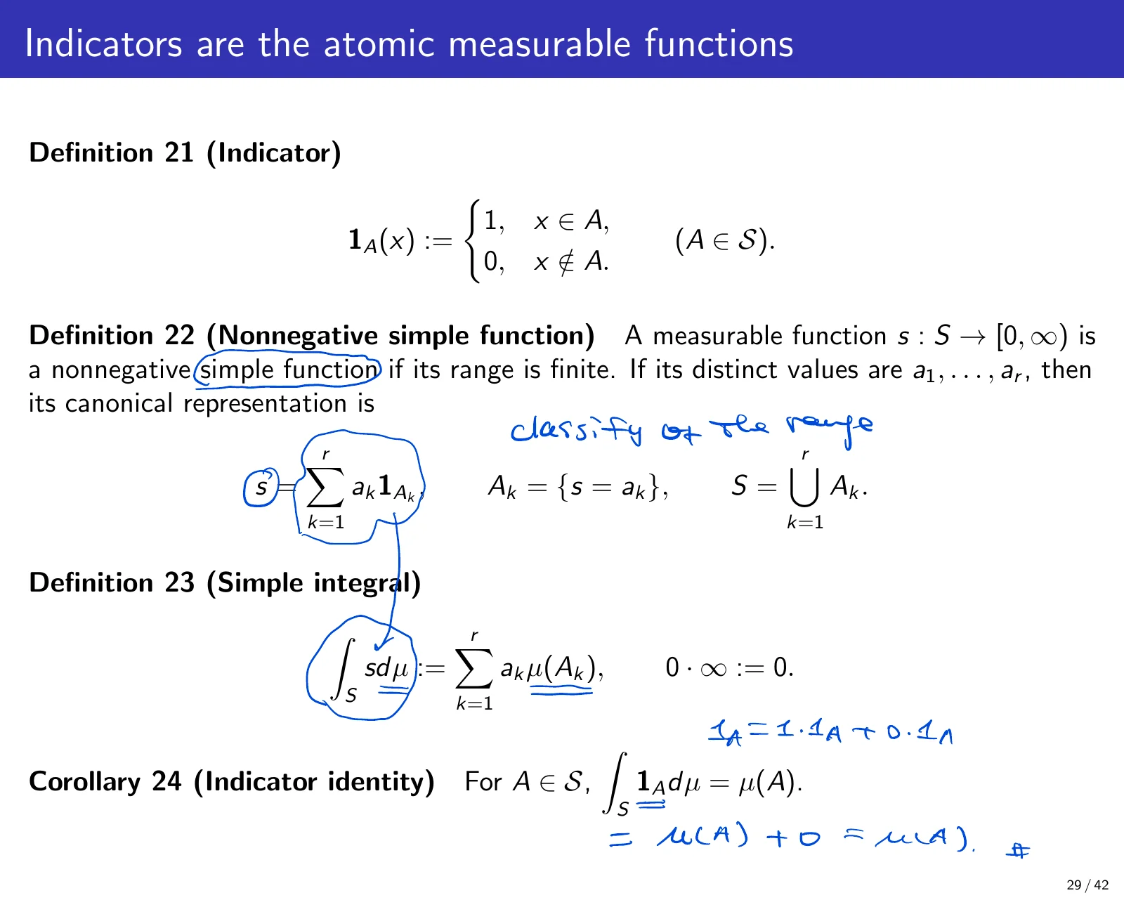 课件第 30 页：Indicators are the atomic measurable functions