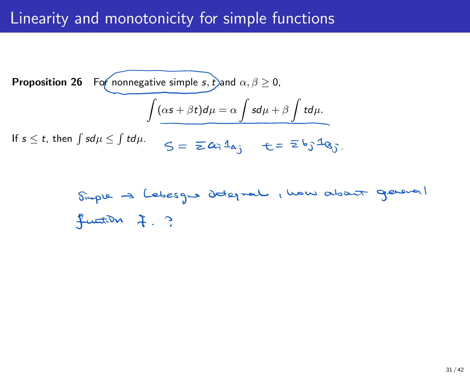 课件第 32 页：Linearity and monotonicity for simple functions
