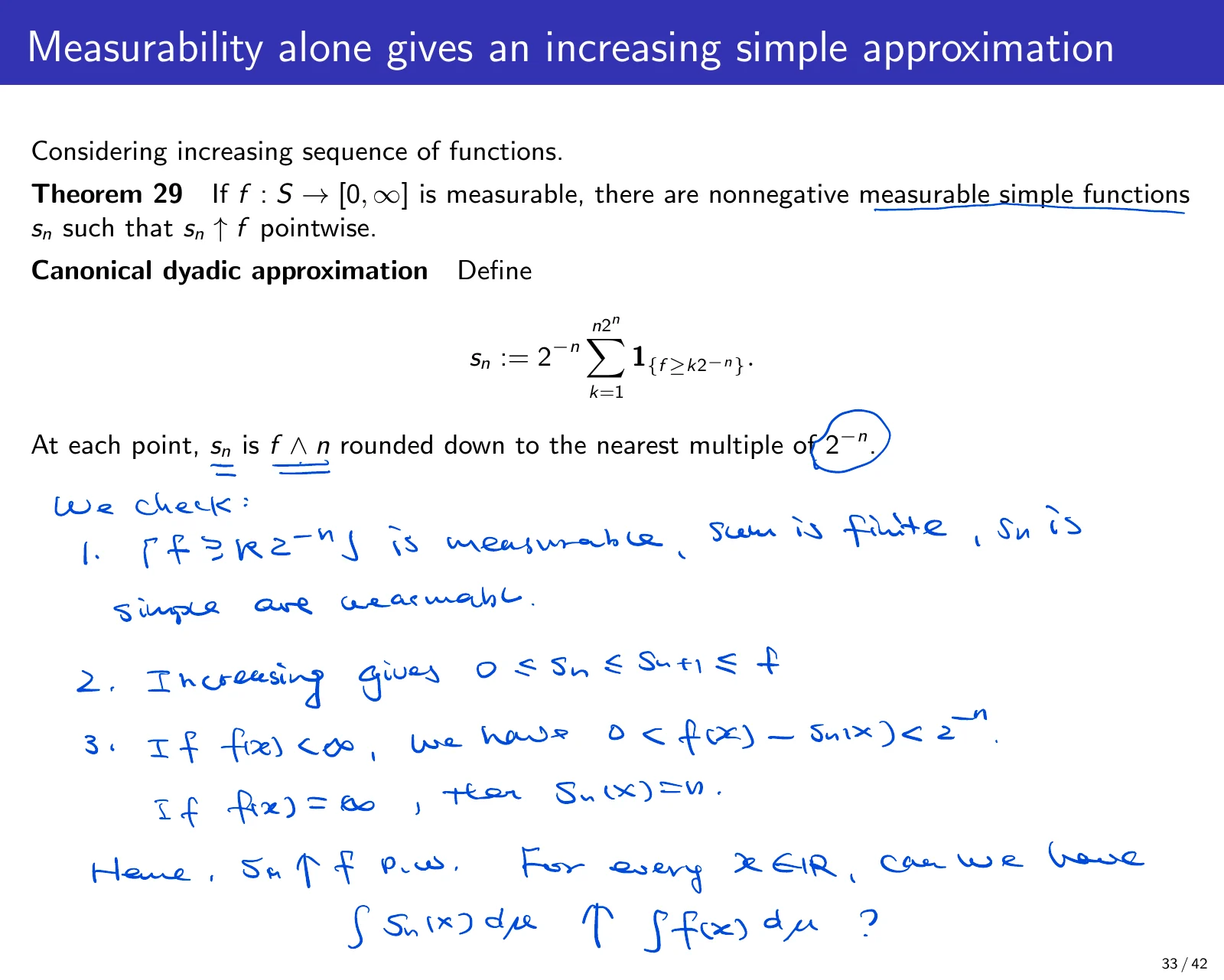 课件第 34 页：Measurability alone gives an increasing simple approximation