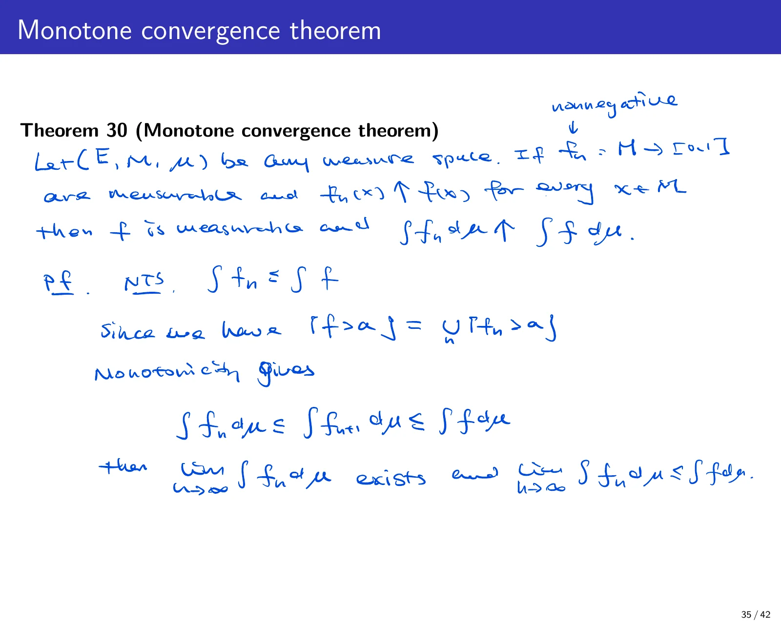 课件第 36 页：Monotone convergence theorem