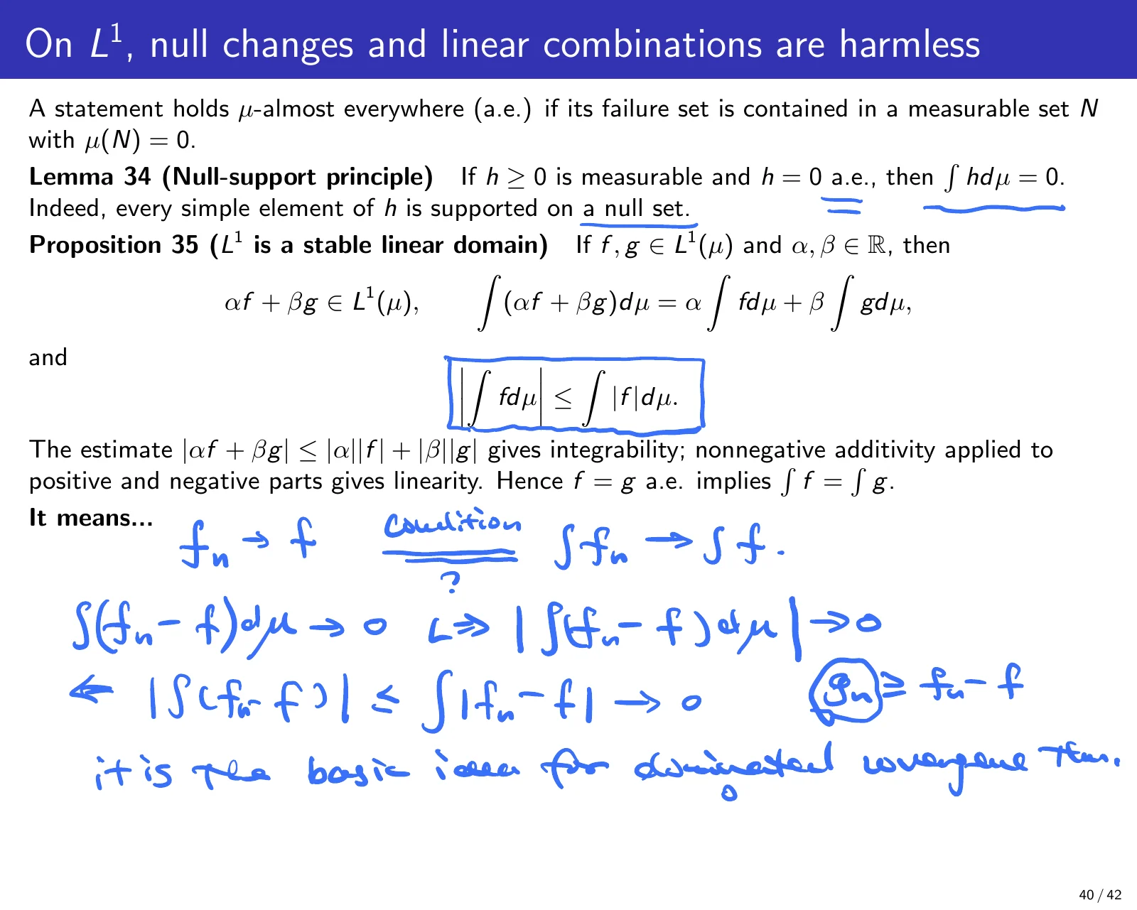 课件第 43 页：On L¹, null changes and linear combinations are harmless