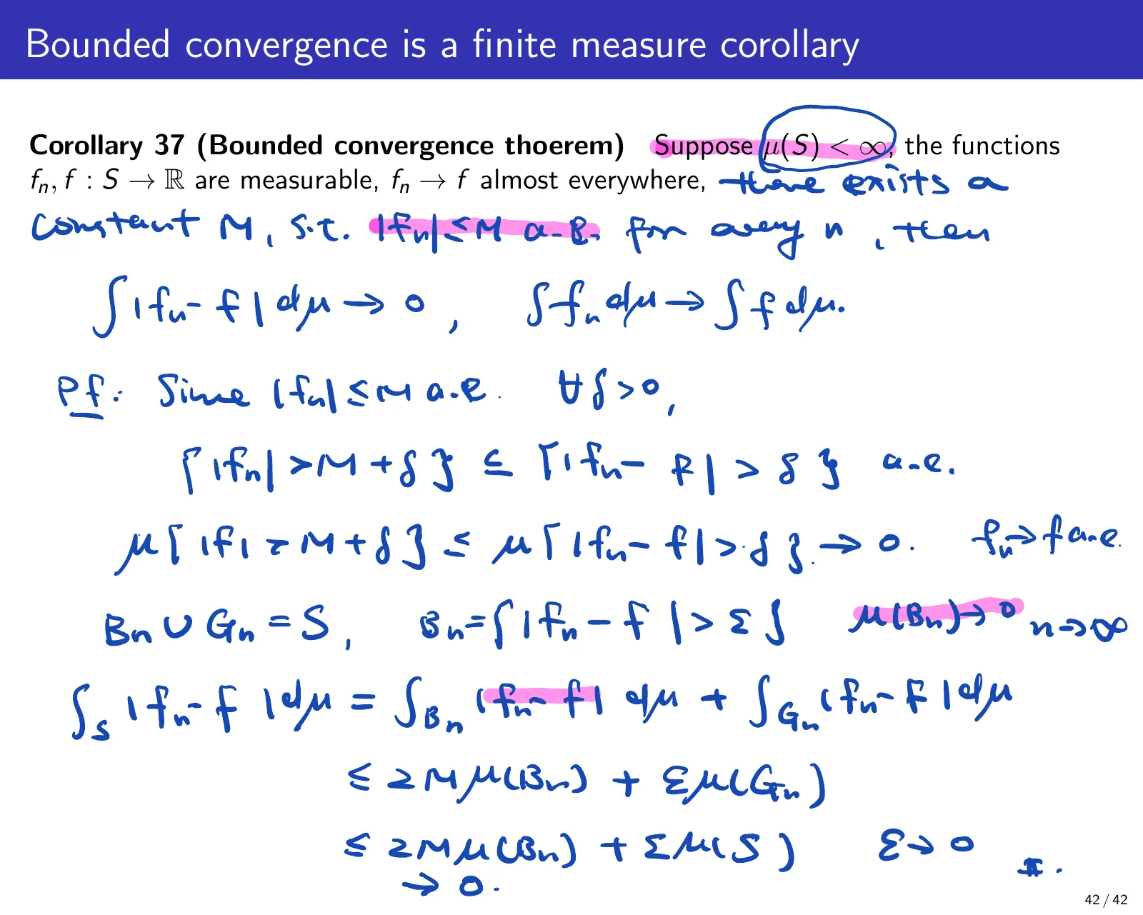 课件第 46 页：Bounded convergence is a finite measure corollary