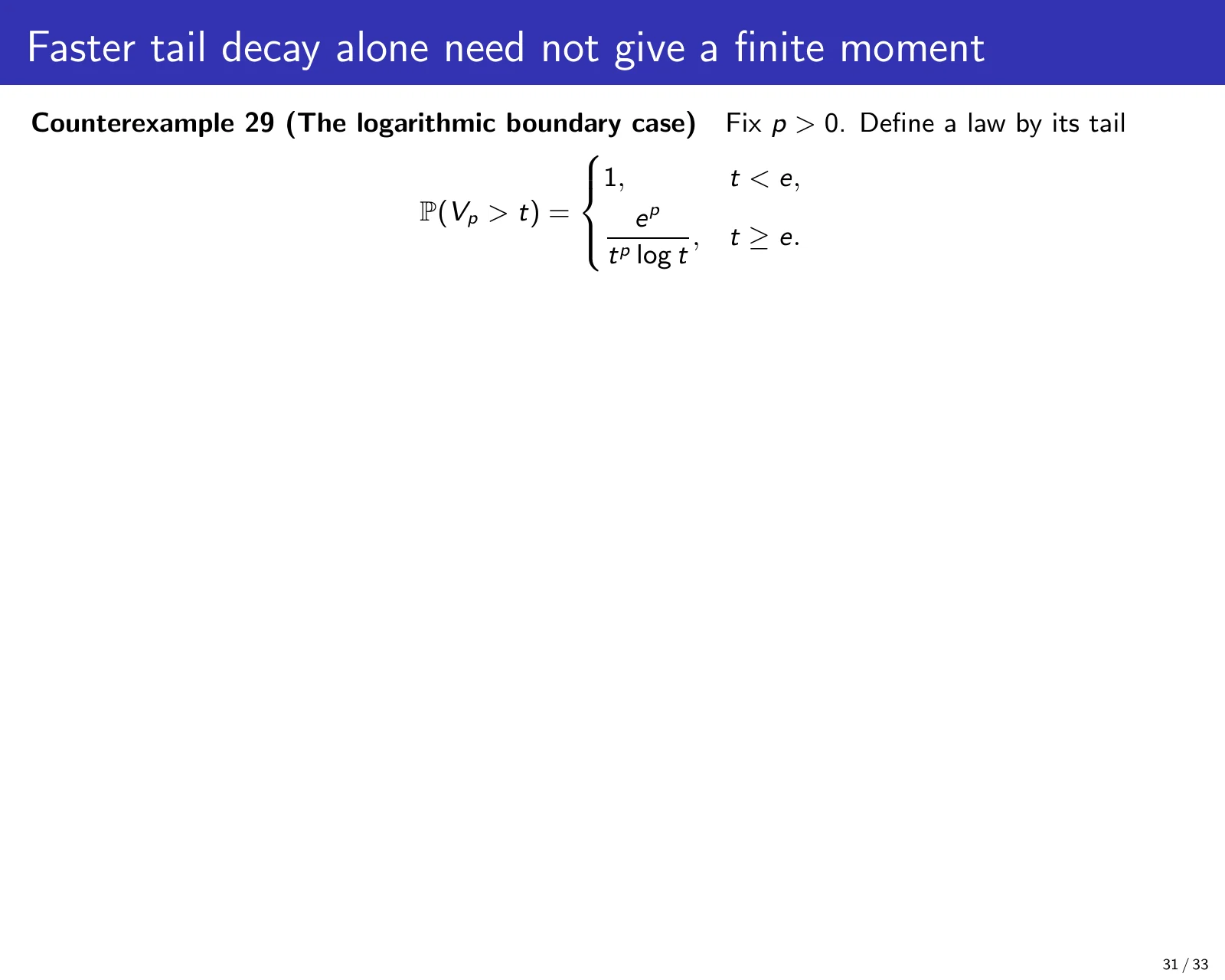 课件第 31 页：Faster tail decay alone need not give a finite moment