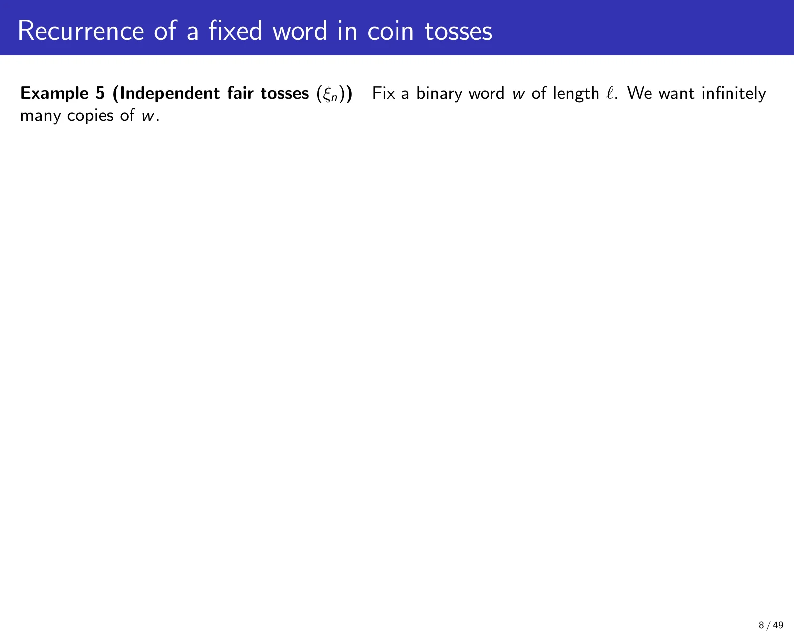 课件第 8 页：Recurrence of a fixed word in coin tosses