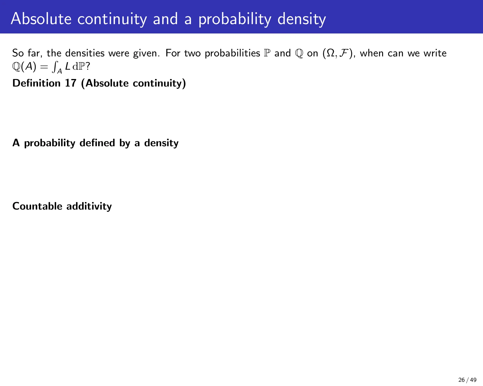 课件第 26 页：Absolute continuity and a probability density