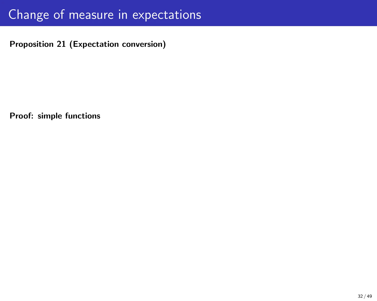 课件第 32 页：Change of measure in expectations