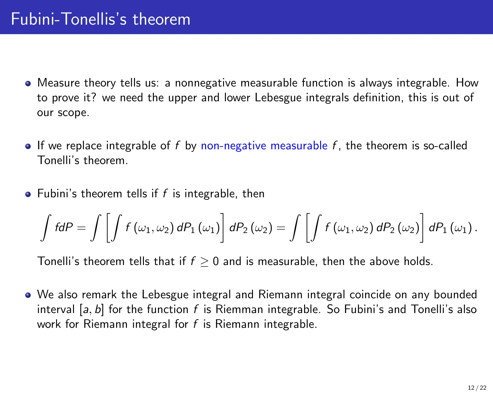 课件第 12 页：Tonelli's theorem and the iterated integrals