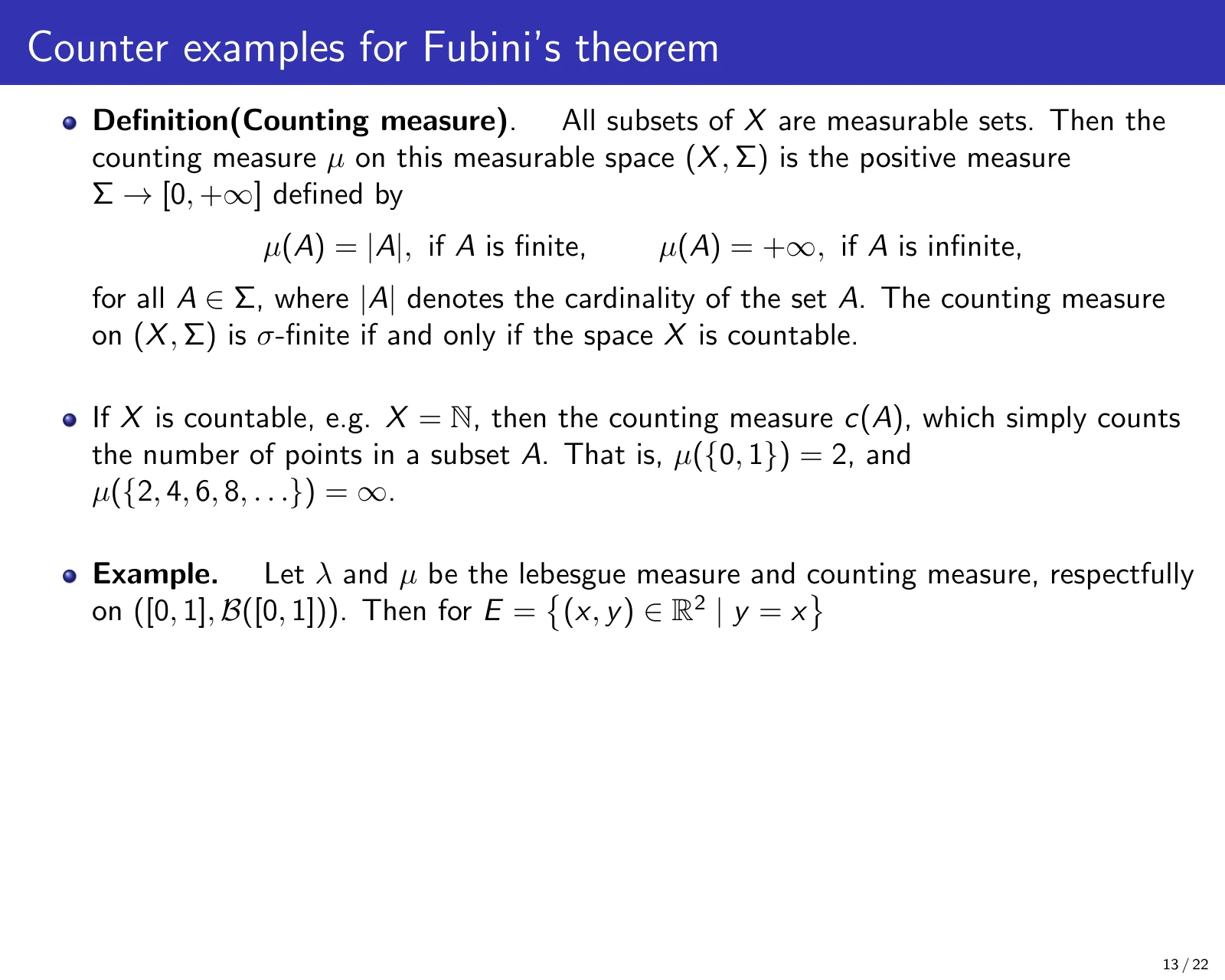 课件第 13 页：Counter examples for Fubini's theorem: counting measure