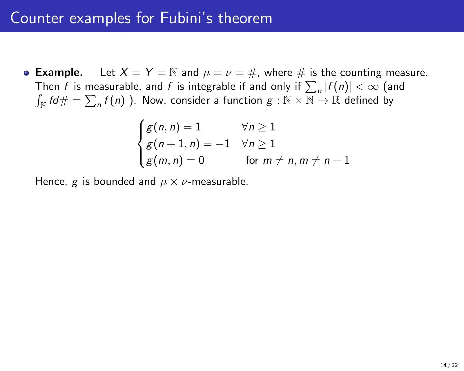 课件第 14 页：Counter examples for Fubini's theorem: a non-integrable double series